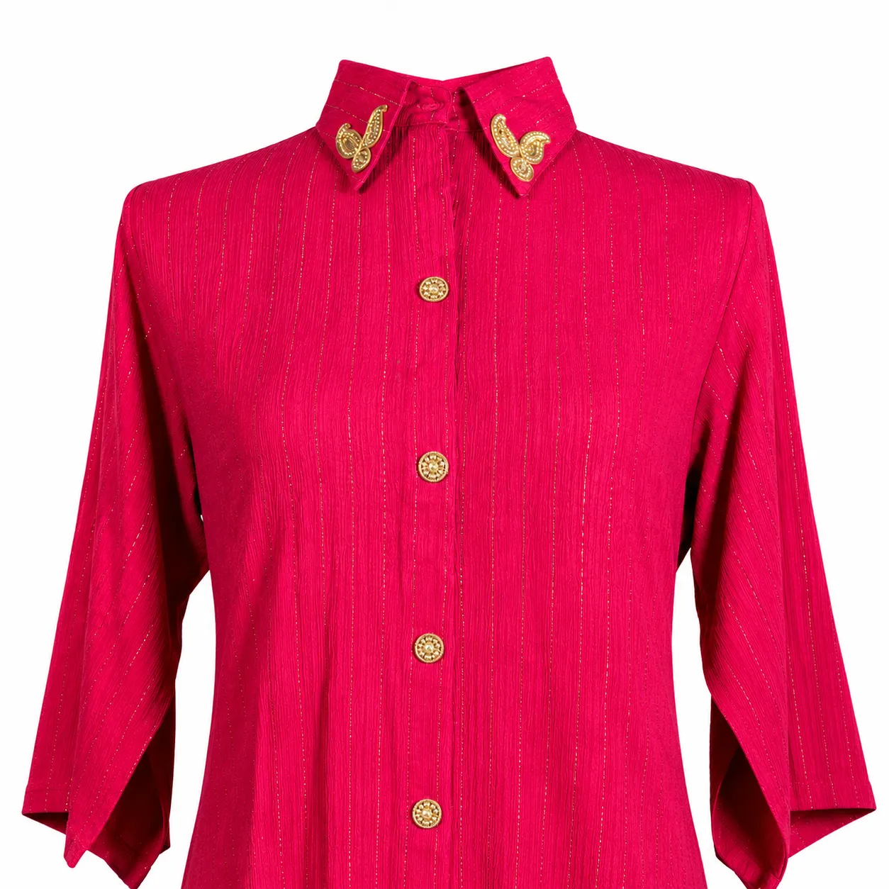 Women's Solid Pink Long Shirt with Embroidered Collar & Button-Down Front